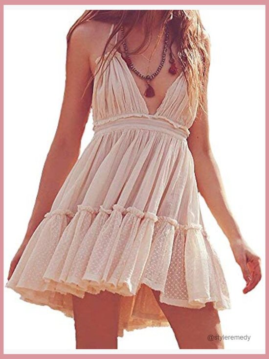 Polyester Mesh Deep V Neck Backless Mini Dress Bohemian Beach - Picture 4 of 7